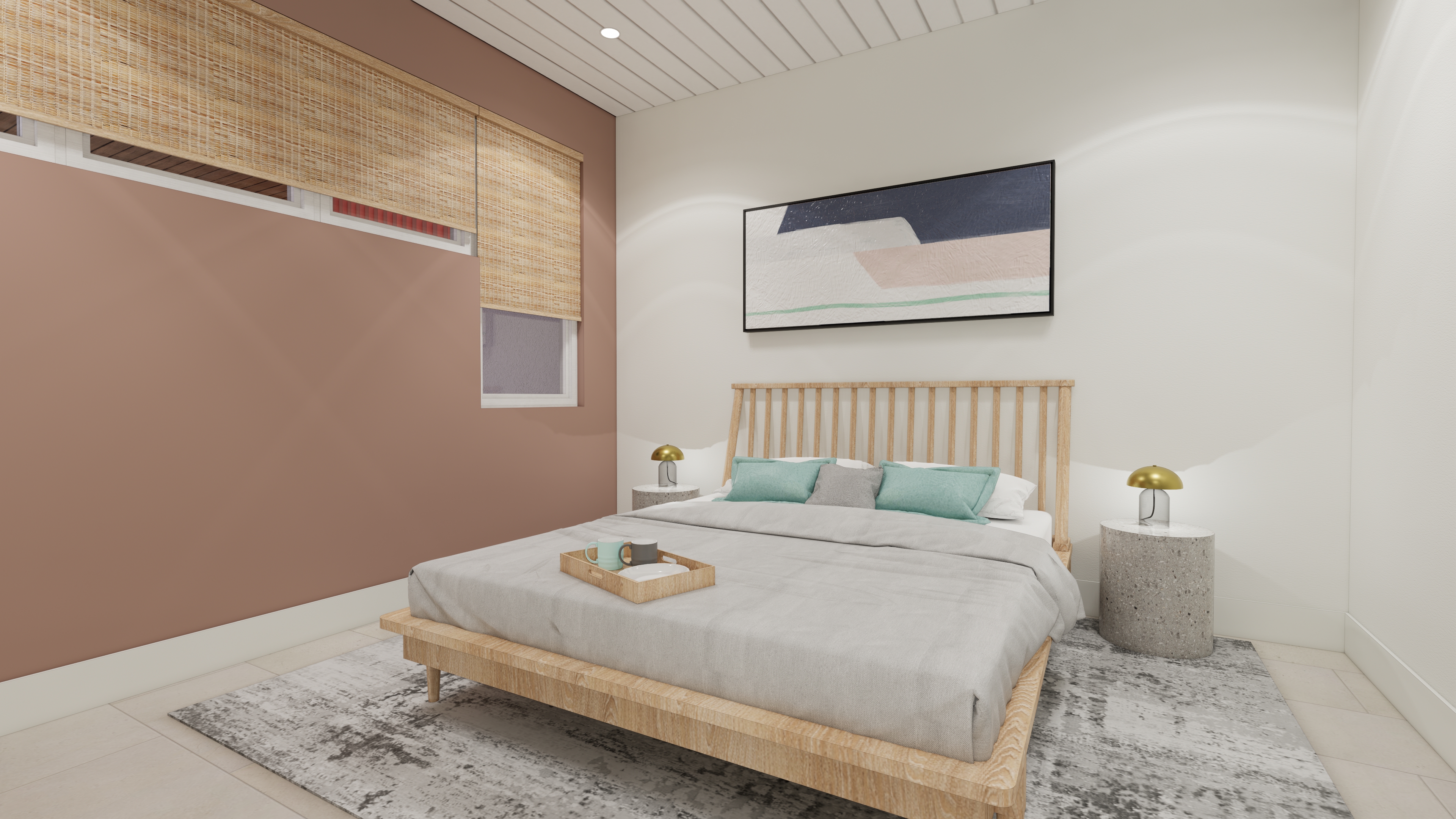 Antigua master bedroom with warm wood accents and coastal styling